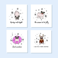Fototapeta na wymiar Set of greeting cards with a pugs. Vector illustration