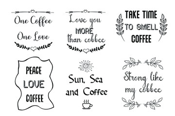 Set of Calligraphy Quotes Sayings for print about coffee. Printable design for cups