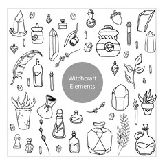 Vector witch magic design elements set. Hand drawn, doodle, sketch magician collection. Witchcraft symbols: potion,  crystal, herbs, feather, liquid. Perfect for tattoo, diary, textile, cards, mystery