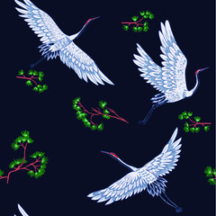 Seamless pattern with Japanese white cranes in different poses