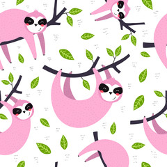 seamless pattern with cute cartoon sloths, decor elements. colorful vector for kids. hand drawing, flat style. animal theme. design for fabric, print, textile, wrapper