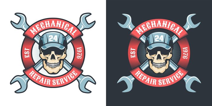 Skull mechanic with wrench and ribbon - vintage logo. Auto repair workshop retro emblem. Vector illustration.
