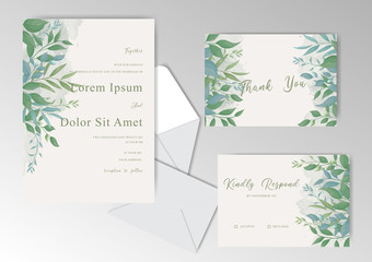 Vintage Wedding Invitation Cards Template with Greenery Leaves