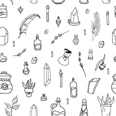 Vector magic witch seamless pattern. Witchcraft background. Hand drawn, doodle, sketch magician collection. Symbols: potion,  crystal, herbs, feather, liquid. Perfect for tattoo, diary, textile, cards