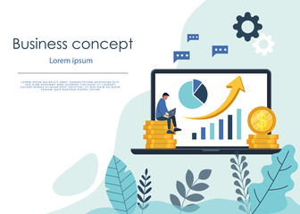 Businessman sitting on coin stack with laptop and stock market graph. Stock market investment and business analysis concept.