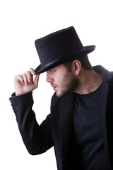 Fototapeta na wymiar Man in black hat and jacket on side isolated