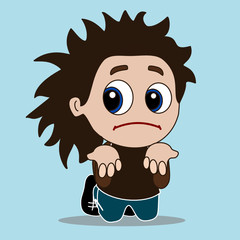 poor sorry boy that is standing on his knees and begging for help or mercy or asking for forgiveness w. stretched palms and upset and miserable expression on his face w. pulled down lip corners