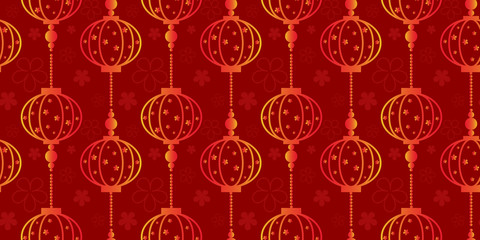 Chinese lanterns with small flowers on red background vector illustration seamless pattern