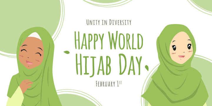 Happy world hijab day. February 1st international day celebration design for web banner or greeting card.   Two happy Muslim women wearing green hijab, cartoon vector.