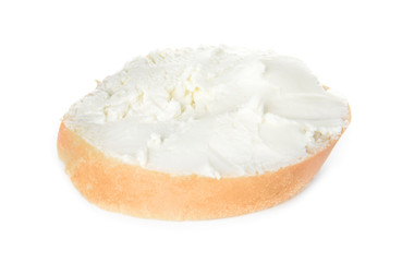 Slice of tasty bread with cream cheese on white background