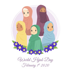 Happy world hijab day. Group of Muslim women in colorful hijab isolated in soft purple circle background, decorated with purplish blue flowers. February 1st international day celebration vector design
