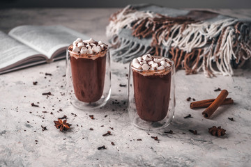 Two glasses of hot cocoa with marshmallows and chocolate chips on a background of scattered cloves, chocolate, star anise and cinnamon, with a book and a blanket in the background