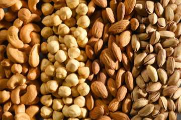 Group of nuts, hazelnuts, almonds, pistachios, cashews