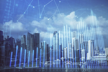 Forex chart on cityscape with skyscrapers wallpaper multi exposure. Financial research concept.