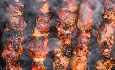 close up of spring barbecue. Camping. Meat background. Fresh, home-cooked on the grill fire meat beef with vegetables and spices on the grill with smoke