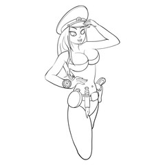 sexy woman holding assault rifle and pistol, outline drawing,