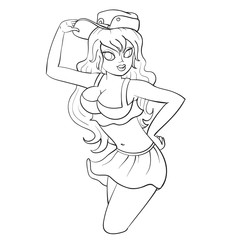 sexy woman holding assault rifle and pistol, outline drawing,