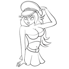 sexy woman holding assault rifle and pistol, outline drawing,