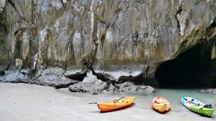 Colourful Kayaks in the Morakot Cave (Emerald Cave) in Koh Mook