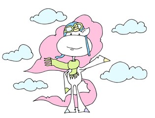 Cute unicorn party card design. Vector illustration. Learning professions. The pilot.	