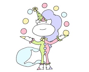 Cute unicorn party card design. Vector illustration. Learning professions. Clown shows tricks.	