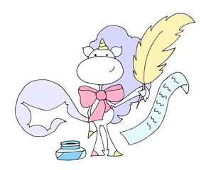 Cute unicorn party card design. Vector illustration. Learning professions. Writer.