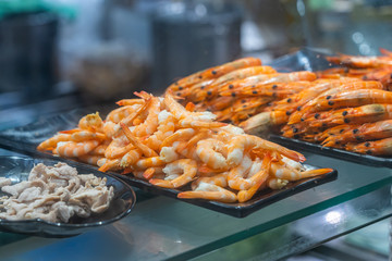 Fresh boiled tiger shrimps for cooking ingredients in Thai restaurant