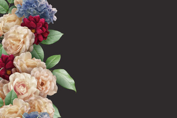 Obraz na płótnie Canvas Floral banner, header with copy space. Ivory roses, light blue hydrangea, red dahlia isolated on dark grey background. Natural flowers wallpaper or greeting card.
