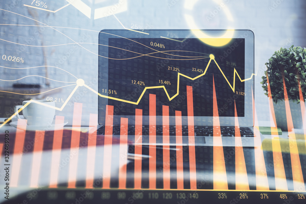 Wall mural forex market chart hologram and personal computer background. double exposure. concept of investment