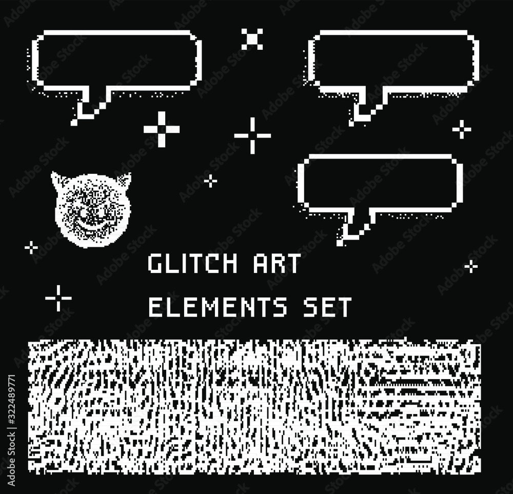 Poster set of vector elements in pixel art style: speech bubbles, stars and sparkles. vector illustration f
