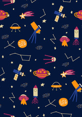 Seamless pattern Space exploration, space trip. Hand drawn cartoon rocket, planets, comet, stars, ufo. Childish, Scandinavian style background.  Illustration for textile, fabric, wallpaper, web design