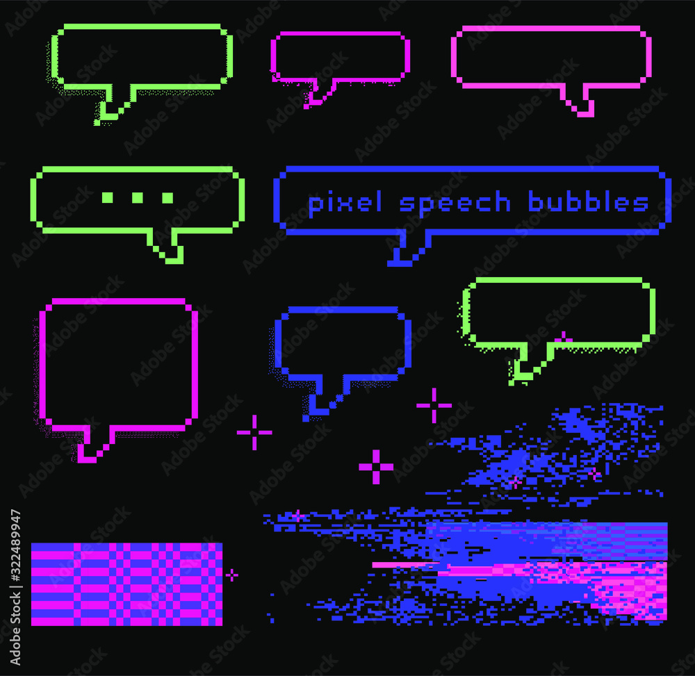 Poster set of vector elements in pixel art style: speech bubbles, stars and sparkles. vector illustration f