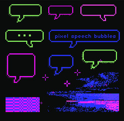 Set of vector elements in pixel art style: speech bubbles, stars and sparkles. Vector illustration for print, stickers, pins.