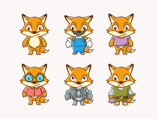 set character illustration of cute fox with different costume and facial expression