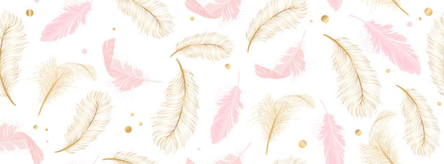 Luxury seamless pattern background with gold and pink feather vector illustration.  © TWINS DESIGN STUDIO