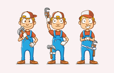 set of character illustration of plumber bring repair tool