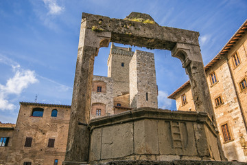 Detail of Well in the square of the cistern in San Gimignano Siena Tuscany