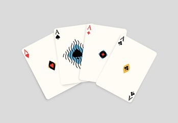 Realistic four ace playing card isolated on white background. Poker game aces of different stripes vector flat illustration. Gamble chance winner four of a kind combination. Winning poker hand