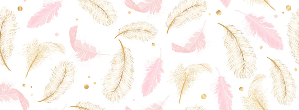 Luxury Seamless Pattern Background With Gold And Pink Feather Vector Illustration. 