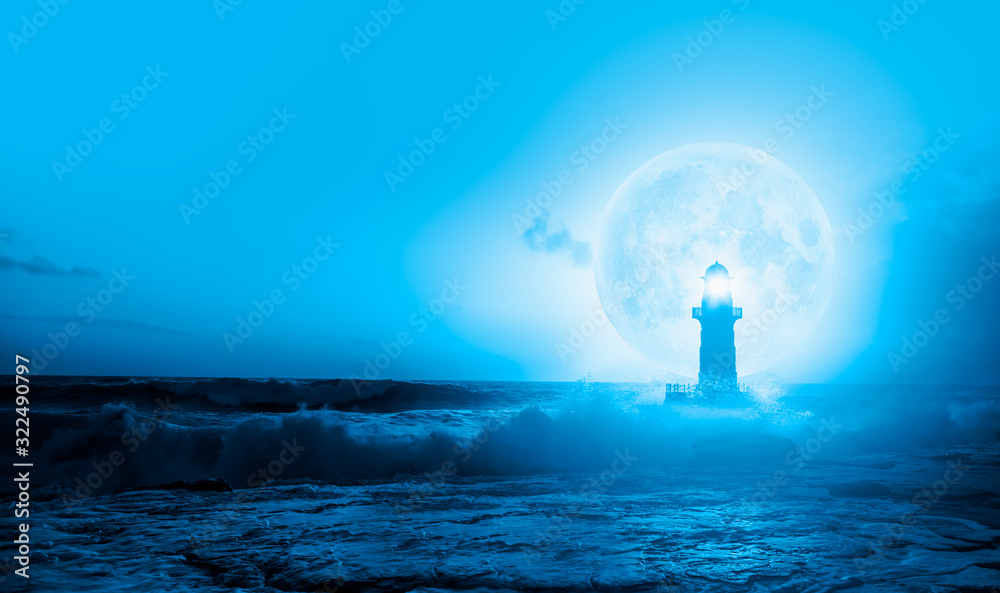 Poster night sky with lighthouse, in the background amazing full moon 