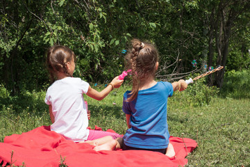 Cheerful children have a rest in the summer in the forest and blow bubbles