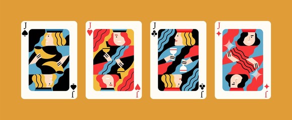 Set of different kind of jacks winning poker hand vector flat illustration. Four of a kind card combination, various suits graphic design isolated. Collection of cartoon playing cards