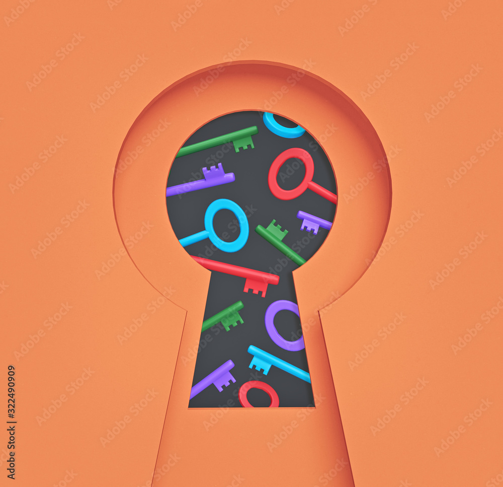 Poster many multicolored keys seen through a keyhole. minimalism. business concept. 3d rendering
