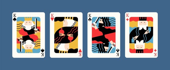 Collection of various king playing cards vector flat illustration. Colorful gamble symbol graphic design isolated. Four of a kind combination, winner poker hand - obrazy, fototapety, plakaty