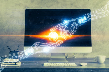 Double exposure of computer and technology theme hud. Concept of innovation.