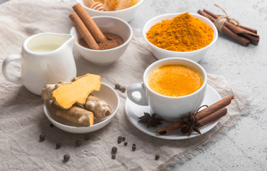 Healthy drink made from turmeric roots, exotic spices