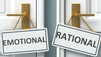 Emotional or rational as a choice in life - pictured as words Emotional, rational on doors to show that Emotional and rational are different options to choose from, 3d illustration - obrazy, fototapety, plakaty