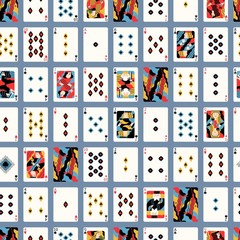 Creative cards playing design seamless pattern isolated on blue background. Colored different card suits for casino game vector flat illustration. Modern cartoon poker gamble graphic symbol