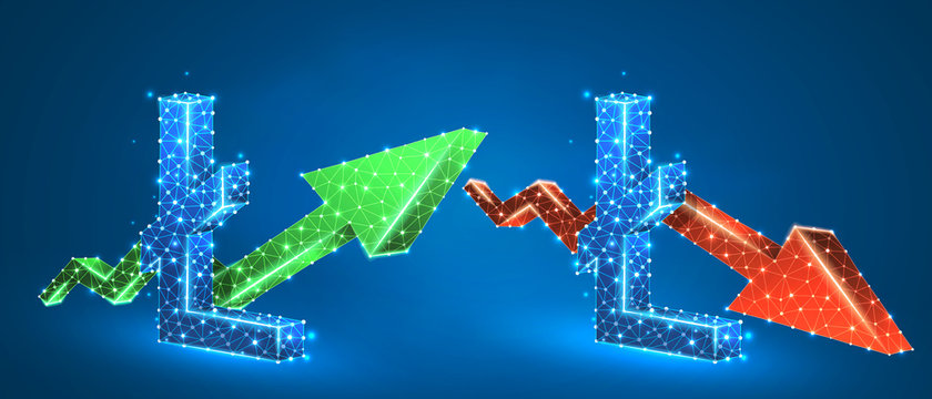 Litecoin symbol, set of arrows, green growth, and red downtrend. Low poly, wireframe 3d vector illustration. Online trading and crypto flow concept. Abstract, polygonal image on blue neon background
