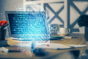 Double exposure of work table with computer and brain sketch hologram. Brainstorming concept.
